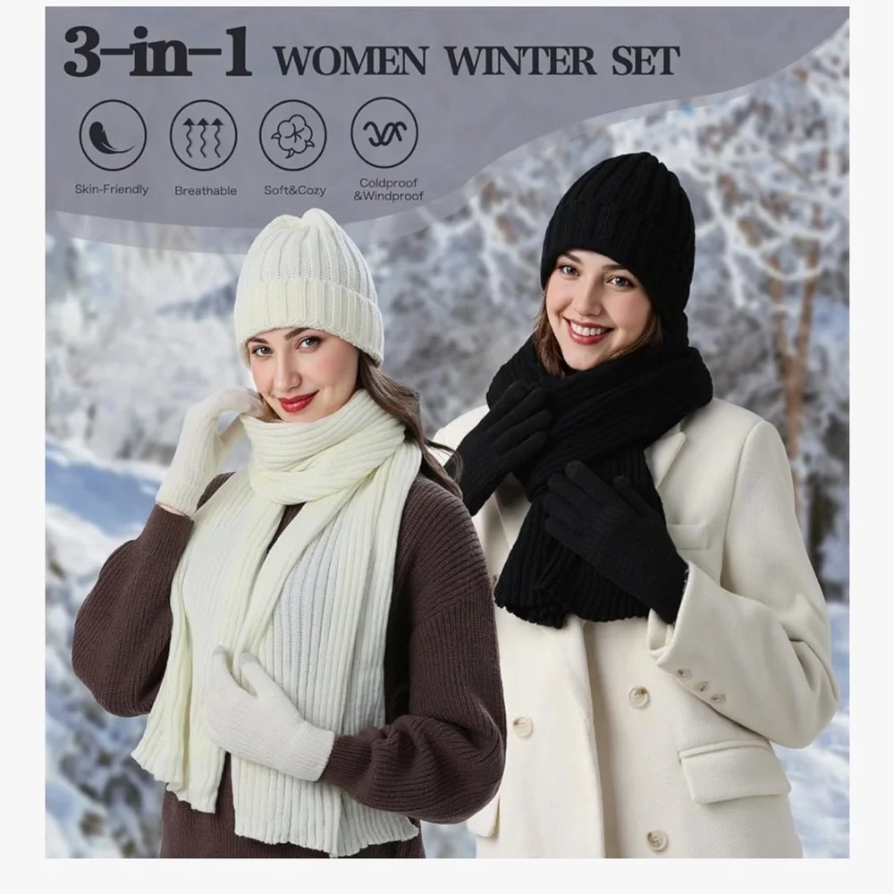 🆕 Winter Hat Beanie Long Scarf Touchscreen Gloves Set, 3Pcs Soft Thick Fleece